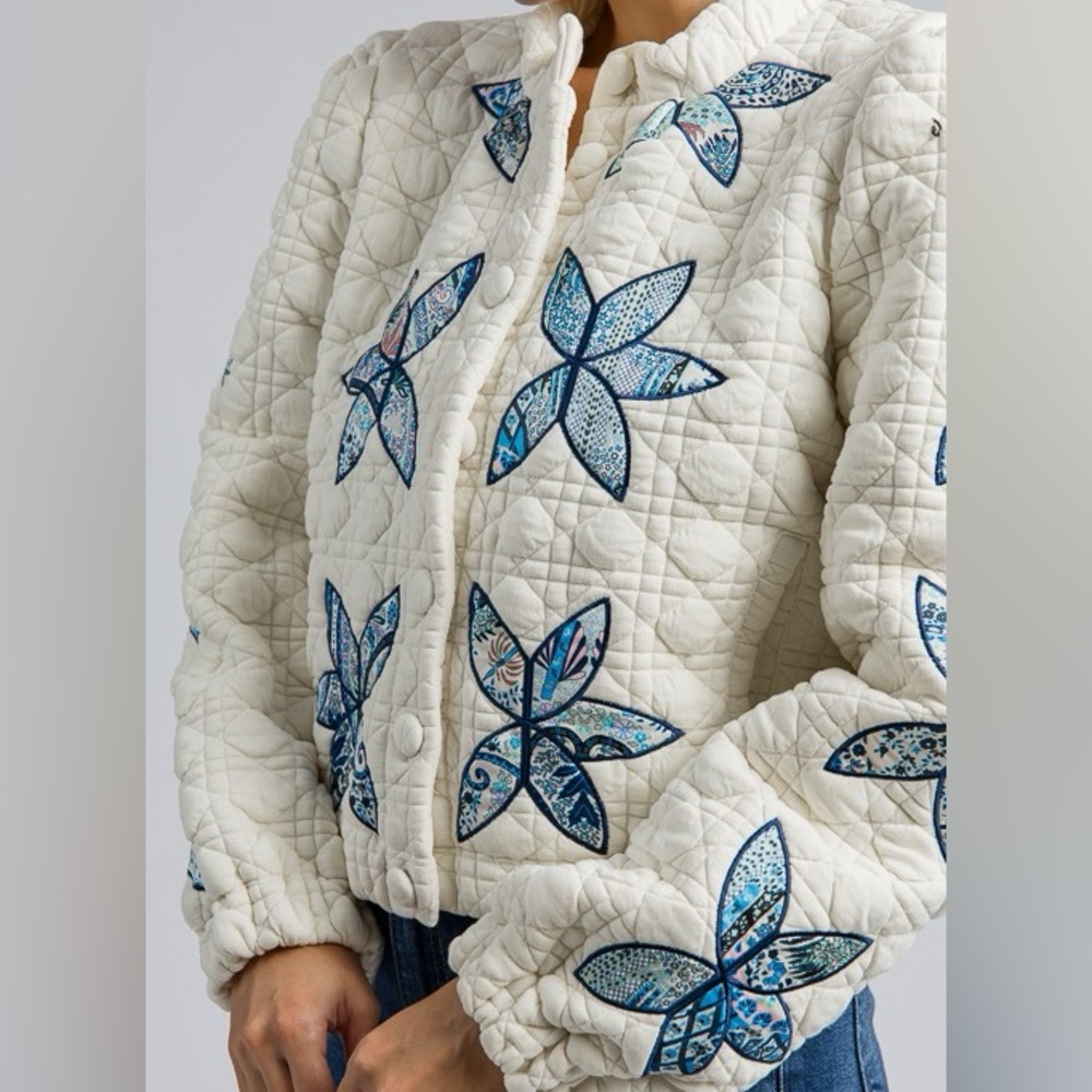 Eesome Cream and Blue Floral Puffer Jacket